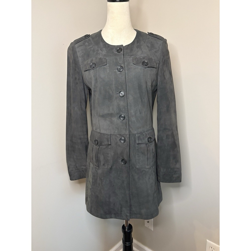 Basler Black Label Goat Leather Jacket Suede Gray Button Up Pockets Lined Sz 36